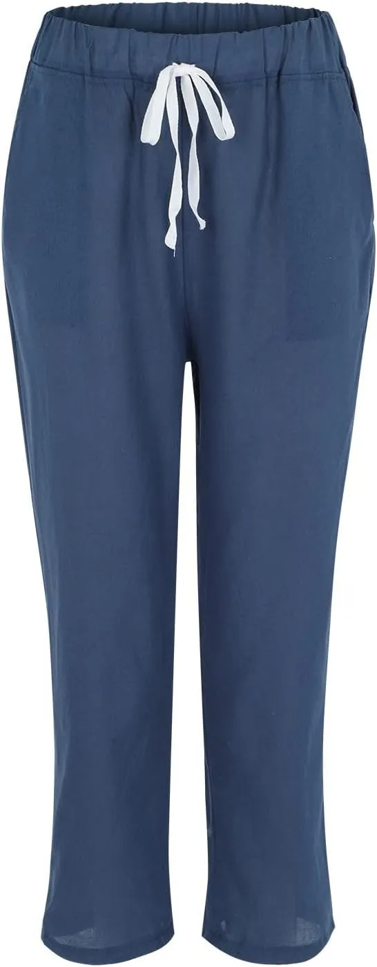 Women's Linen Summer Casual Pant Trousers Elastic Waisted Stretchy Straight Slim Fit Pants Work Business