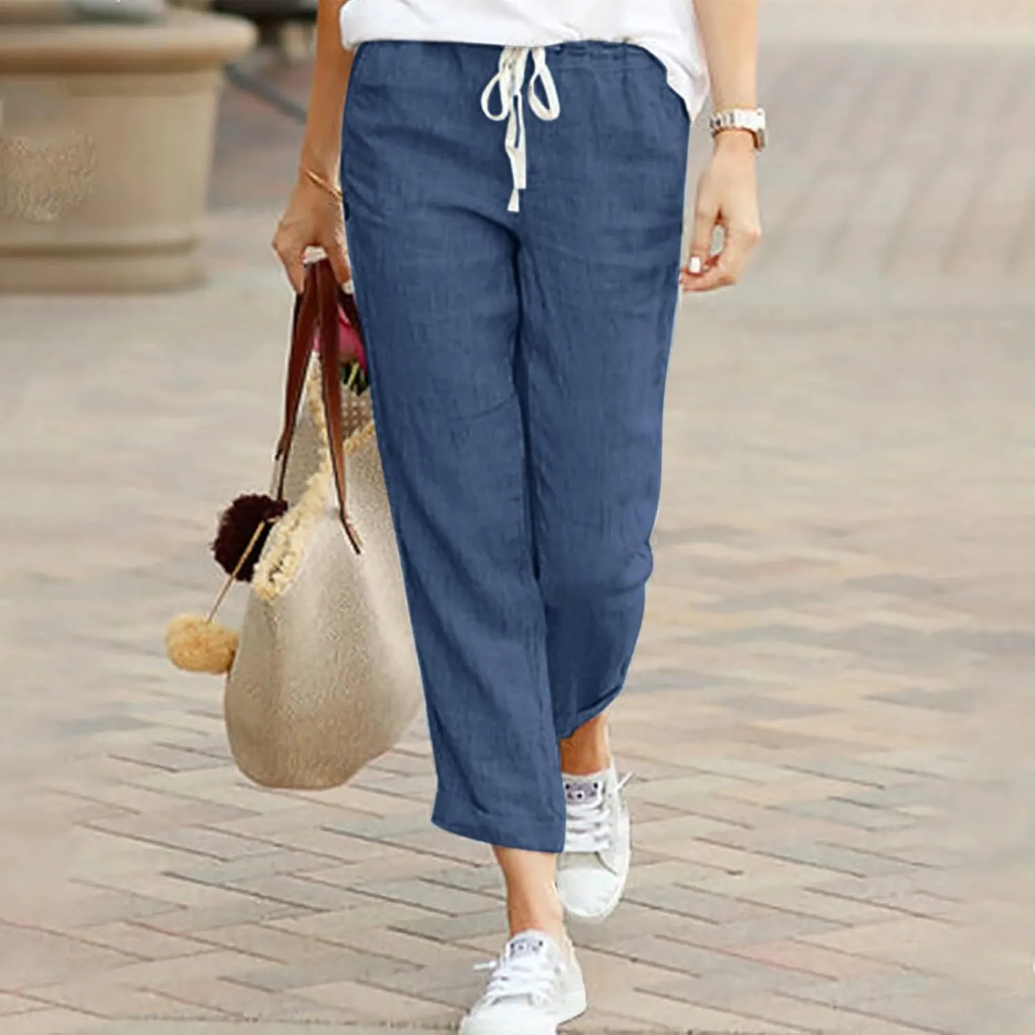 Women's Linen Summer Casual Pant Trousers Elastic Waisted Stretchy Straight Slim Fit Pants Work Business