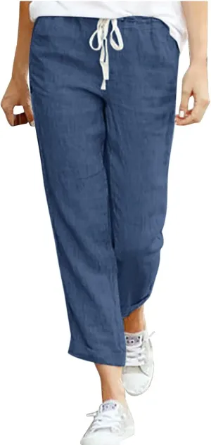 Women's Linen Summer Casual Pant Trousers Elastic Waisted Stretchy Straight Slim Fit Pants Work Business