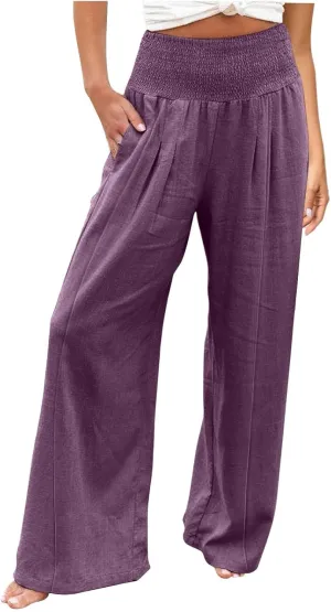 Womens Linen Summer Split Flowy Palazzo Lounge Pants Elastic Waisted Baggy Stretchy Loose Fit Palazzo Pants