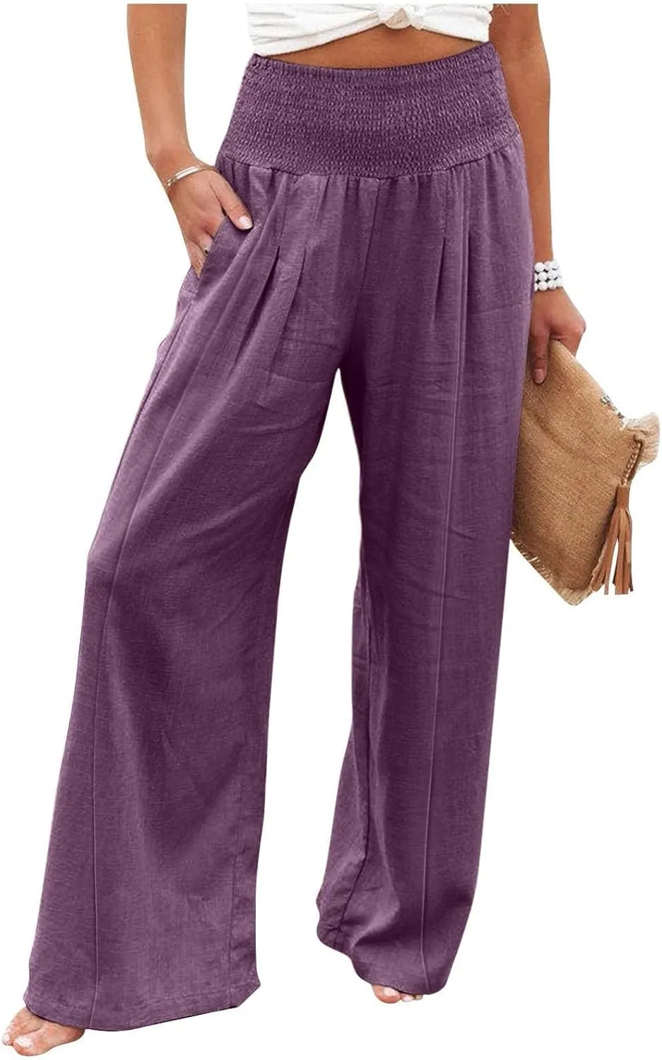 Womens Linen Summer Split Flowy Palazzo Lounge Pants Elastic Waisted Baggy Stretchy Loose Fit Palazzo Pants