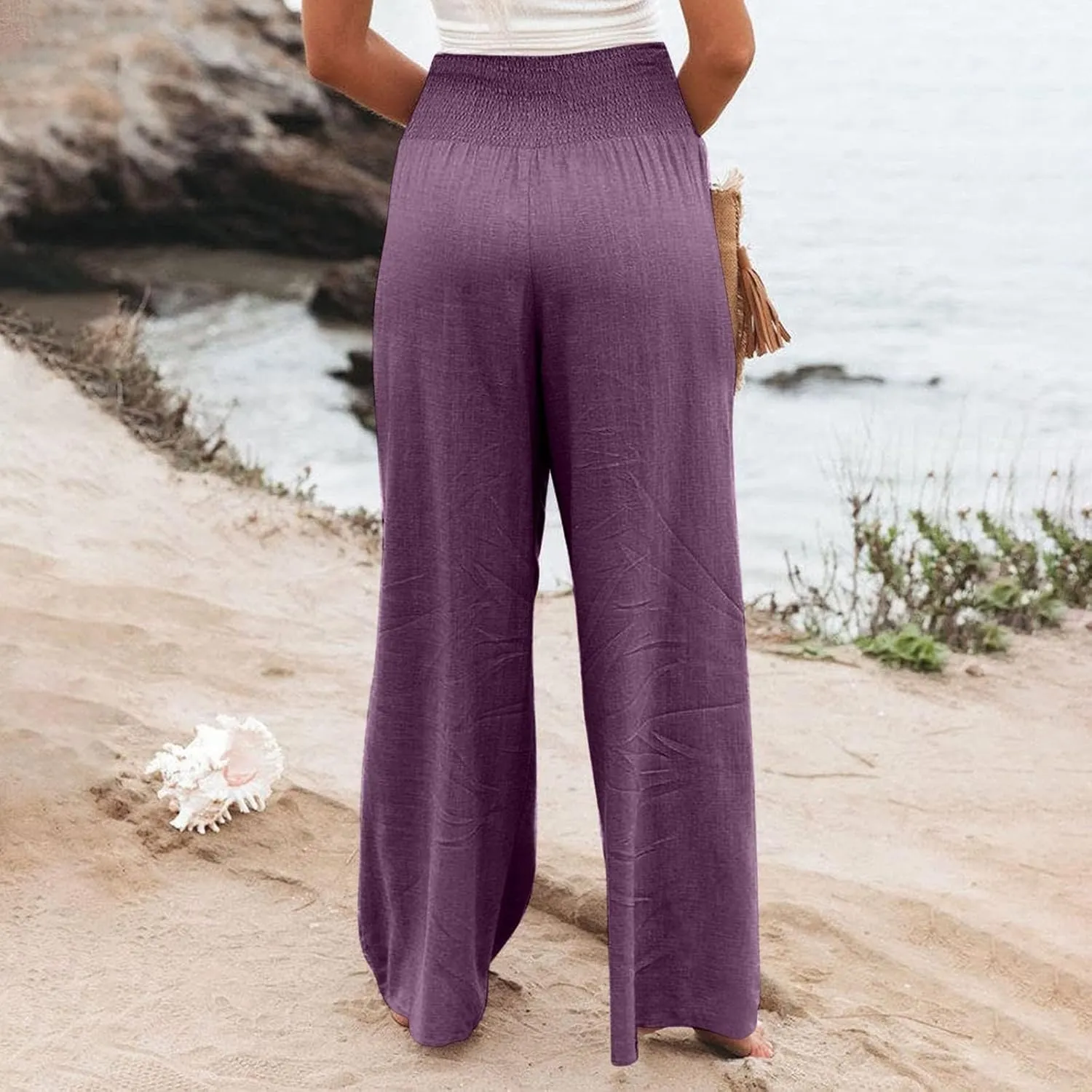 Womens Linen Summer Split Flowy Palazzo Lounge Pants Elastic Waisted Baggy Stretchy Loose Fit Palazzo Pants