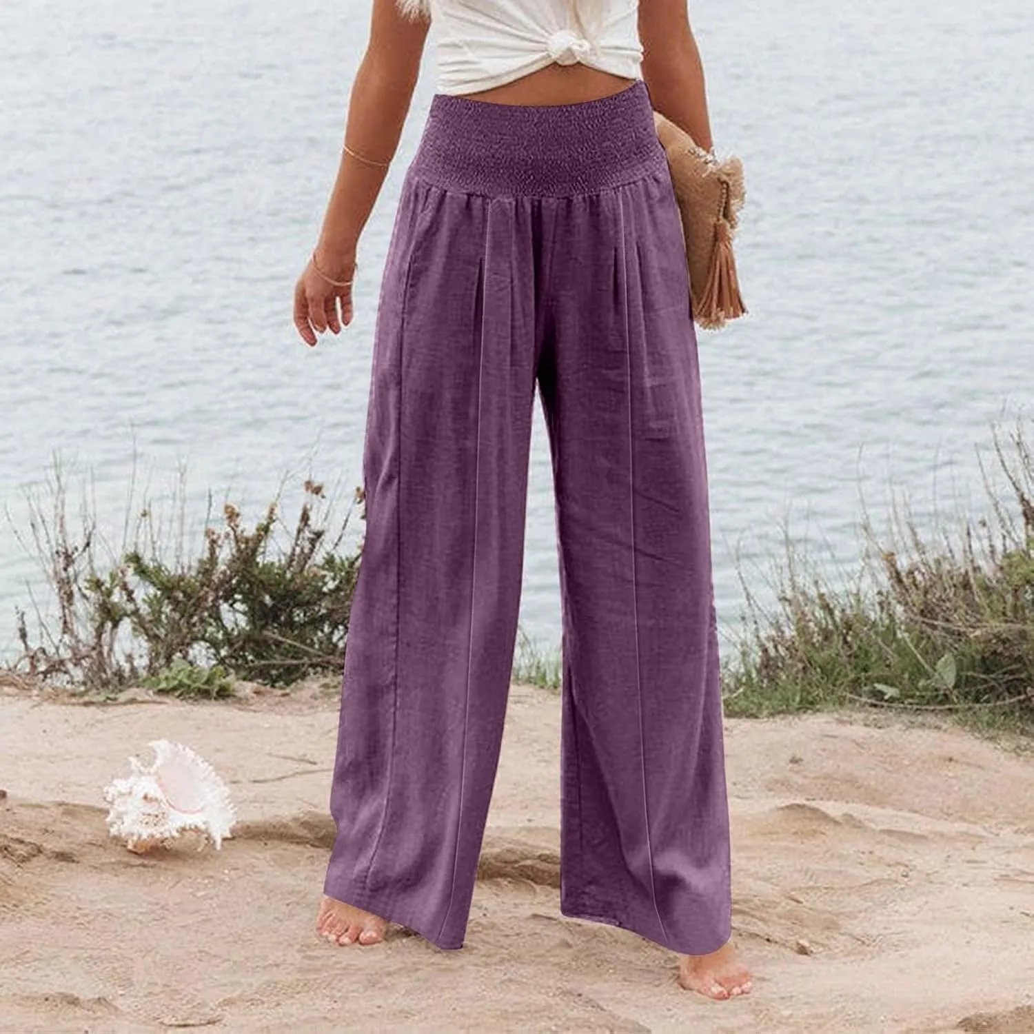 Womens Linen Summer Split Flowy Palazzo Lounge Pants Elastic Waisted Baggy Stretchy Loose Fit Palazzo Pants