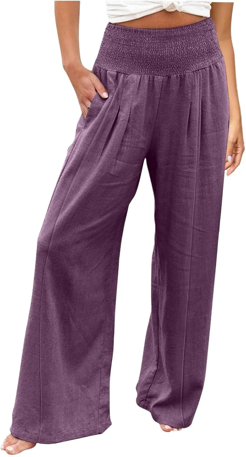Womens Linen Summer Split Flowy Palazzo Lounge Pants Elastic Waisted Baggy Stretchy Loose Fit Palazzo Pants