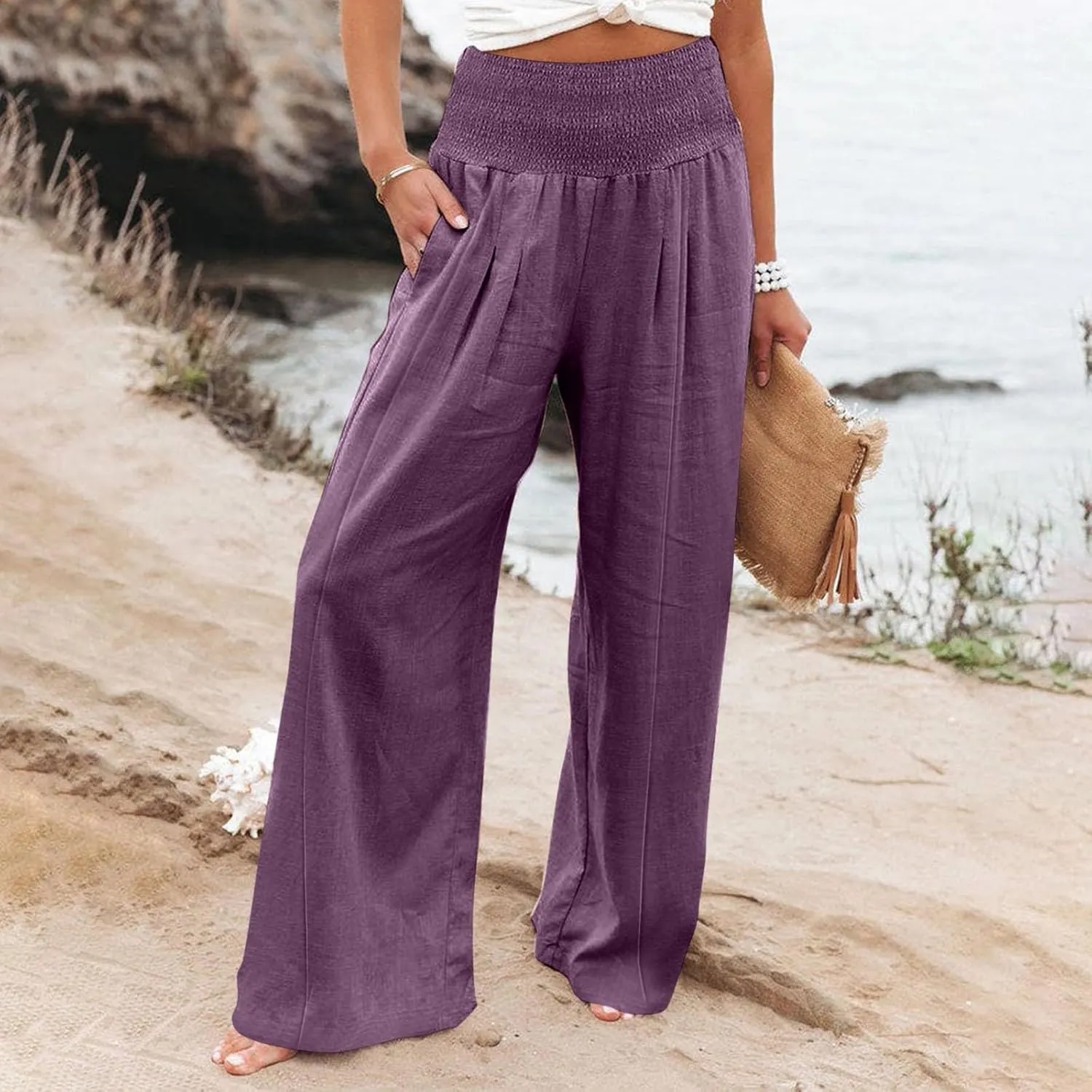 Womens Linen Summer Split Flowy Palazzo Lounge Pants Elastic Waisted Baggy Stretchy Loose Fit Palazzo Pants