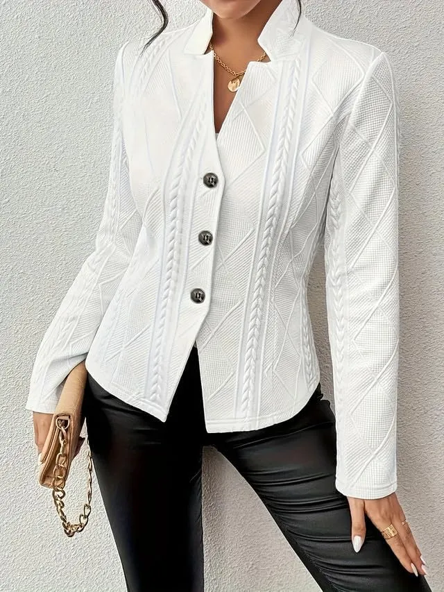 Women's Long Sleeve Business Blazer Jacket Button Down Notch Collar Textured Fitted Blazer Suit