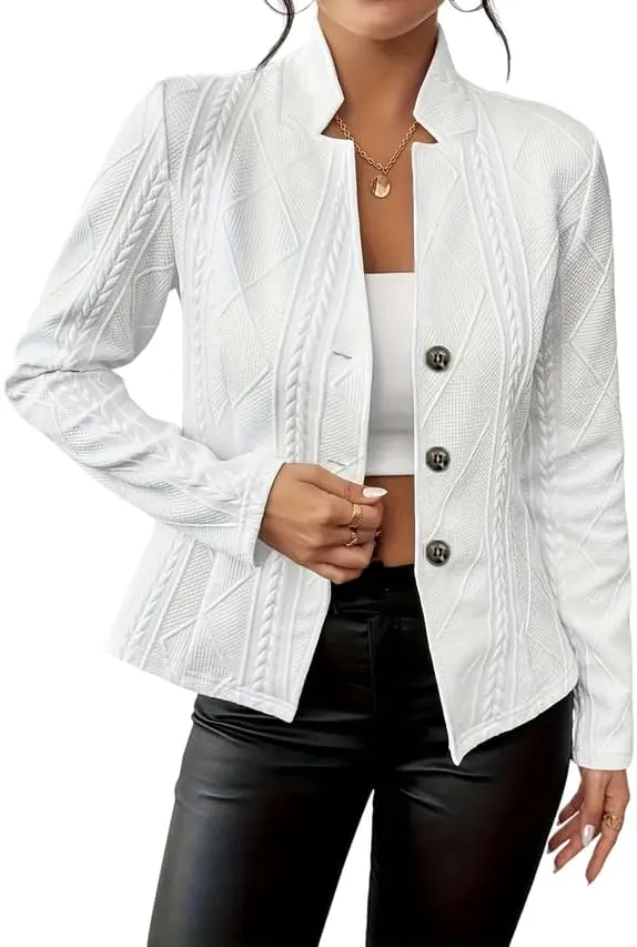 Women's Long Sleeve Business Blazer Jacket Button Down Notch Collar Textured Fitted Blazer Suit