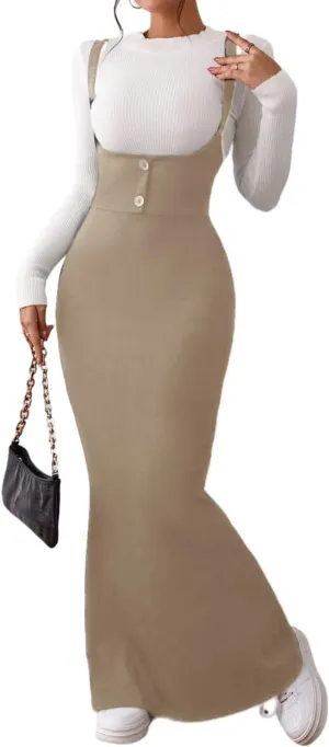 Women's Overall Dress Maxi Suspender Skirt Bodycon Ribbed Dress Adjustable Strap Without Shirt