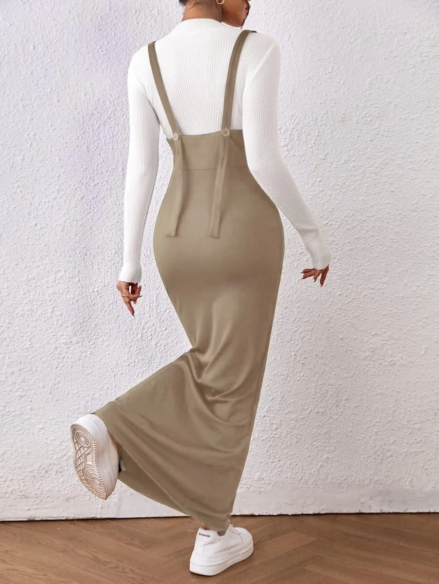 Women's Overall Dress Maxi Suspender Skirt Bodycon Ribbed Dress Adjustable Strap Without Shirt