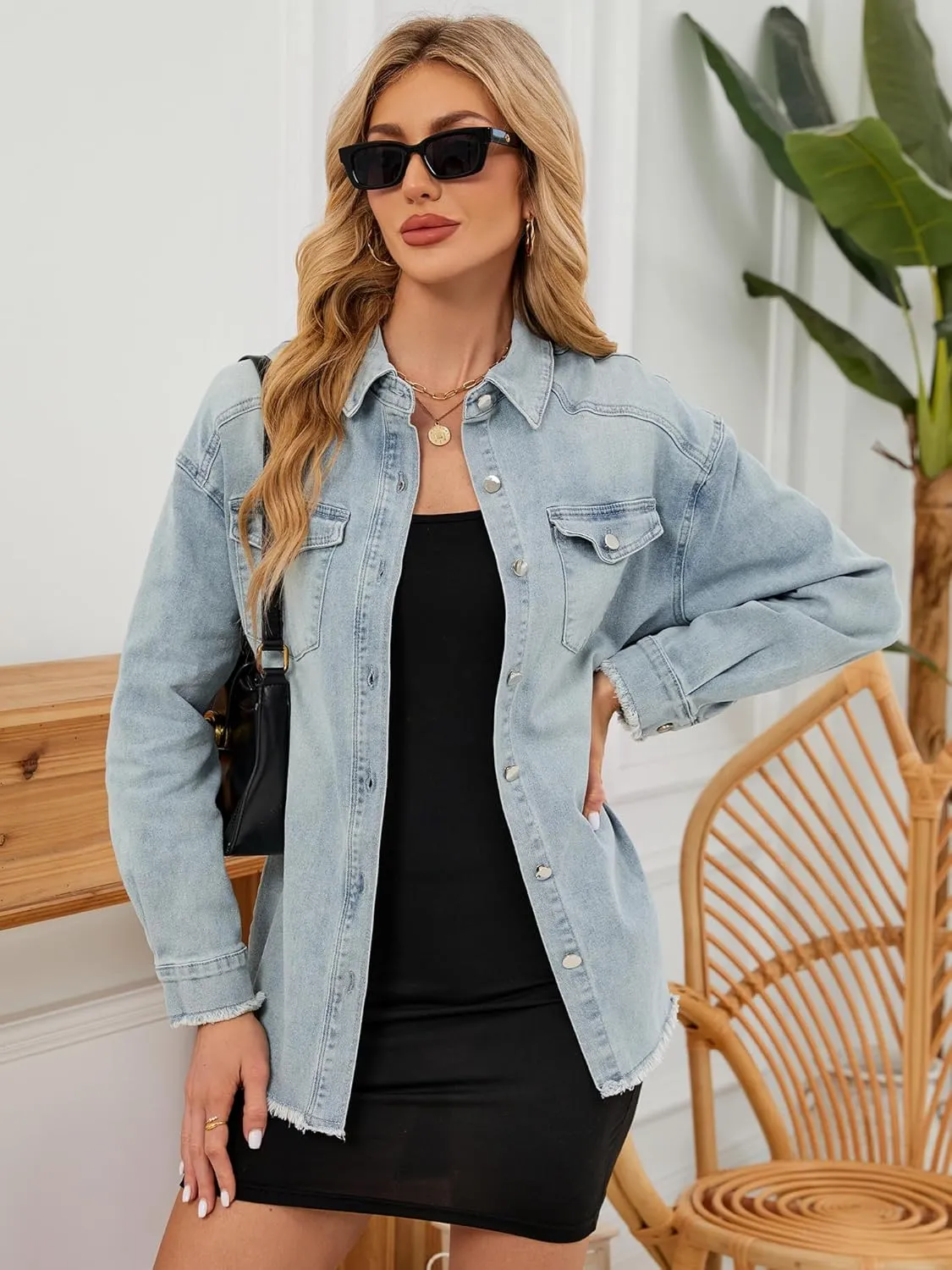 Womens Oversized Button Down Frayed Hem Denim Shacket Casual Long Sleeve Jean Jackets 2025 Spring Outfits
