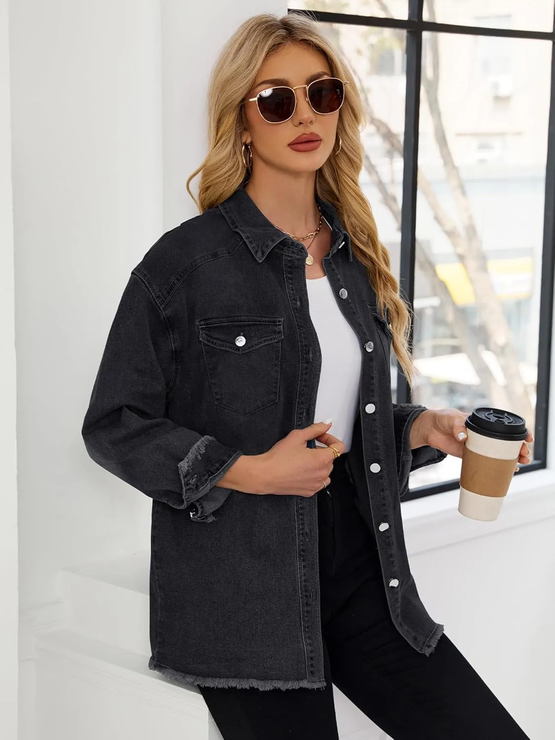 Womens Oversized Button Down Frayed Hem Denim Shacket Casual Long Sleeve Jean Jackets 2025 Spring Outfits