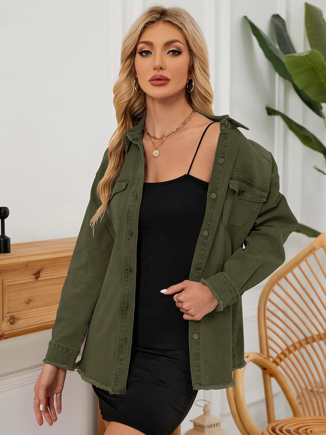 Womens Oversized Button Down Frayed Hem Denim Shacket Casual Long Sleeve Jean Jackets 2025 Spring Outfits