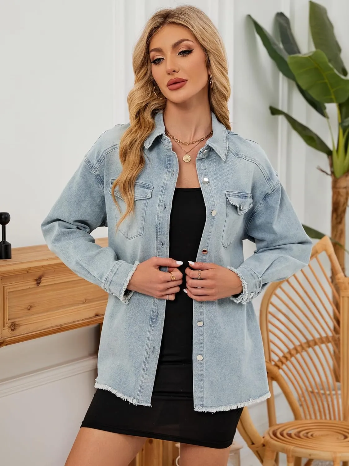 Womens Oversized Button Down Frayed Hem Denim Shacket Casual Long Sleeve Jean Jackets 2025 Spring Outfits