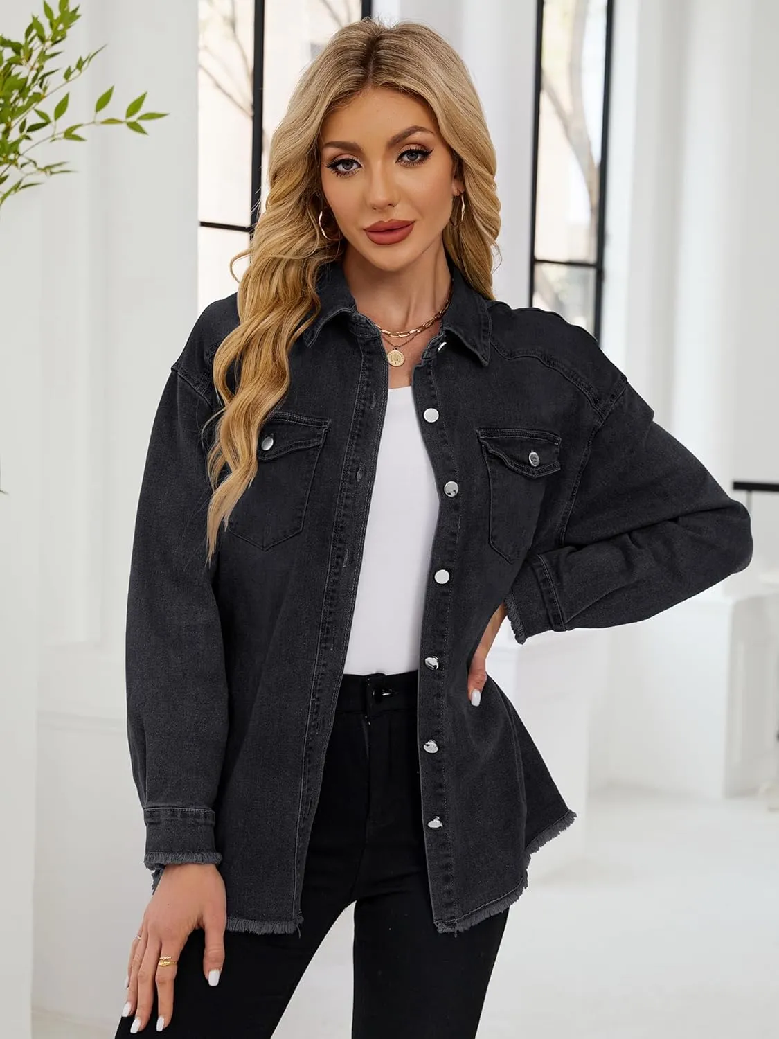 Womens Oversized Button Down Frayed Hem Denim Shacket Casual Long Sleeve Jean Jackets 2025 Spring Outfits