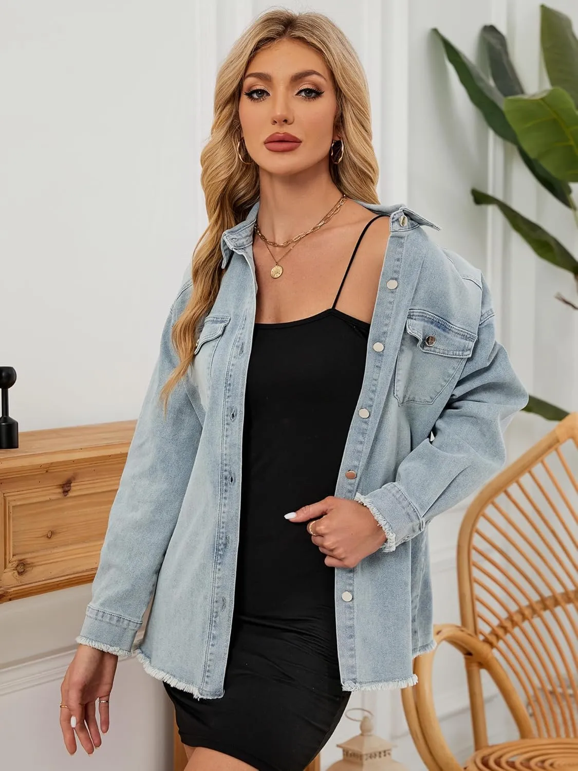 Womens Oversized Button Down Frayed Hem Denim Shacket Casual Long Sleeve Jean Jackets 2025 Spring Outfits