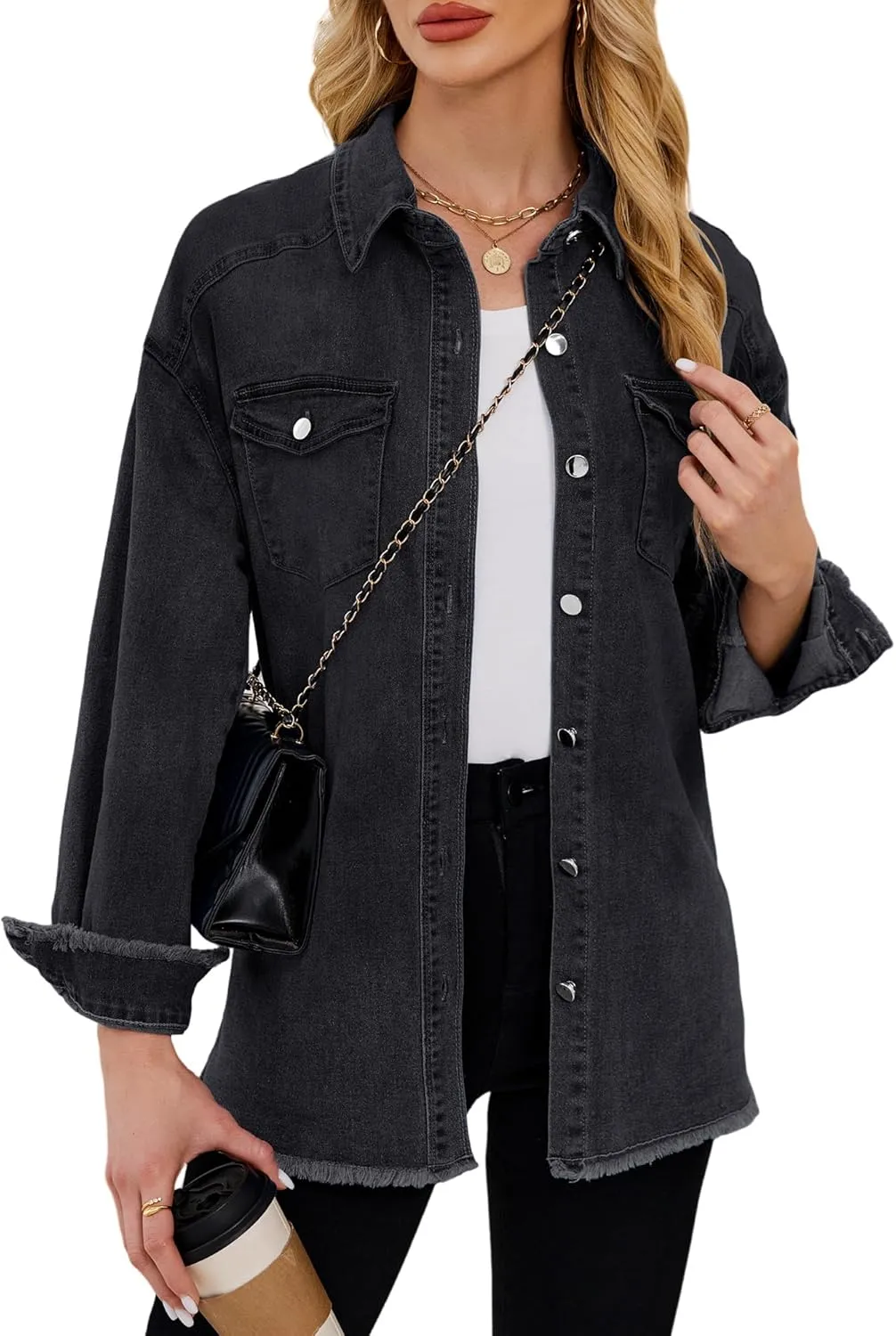 Womens Oversized Button Down Frayed Hem Denim Shacket Casual Long Sleeve Jean Jackets 2025 Spring Outfits