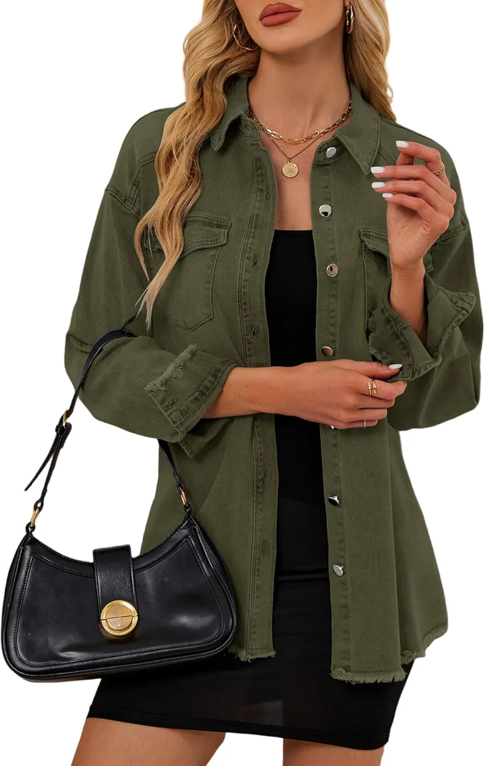 Womens Oversized Button Down Frayed Hem Denim Shacket Casual Long Sleeve Jean Jackets 2025 Spring Outfits
