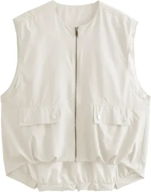 Women's Oversized Cargo Vest Casual Full Zip Up Ruched Hem Sleeveless Blazer Jackets Tops with Pockets