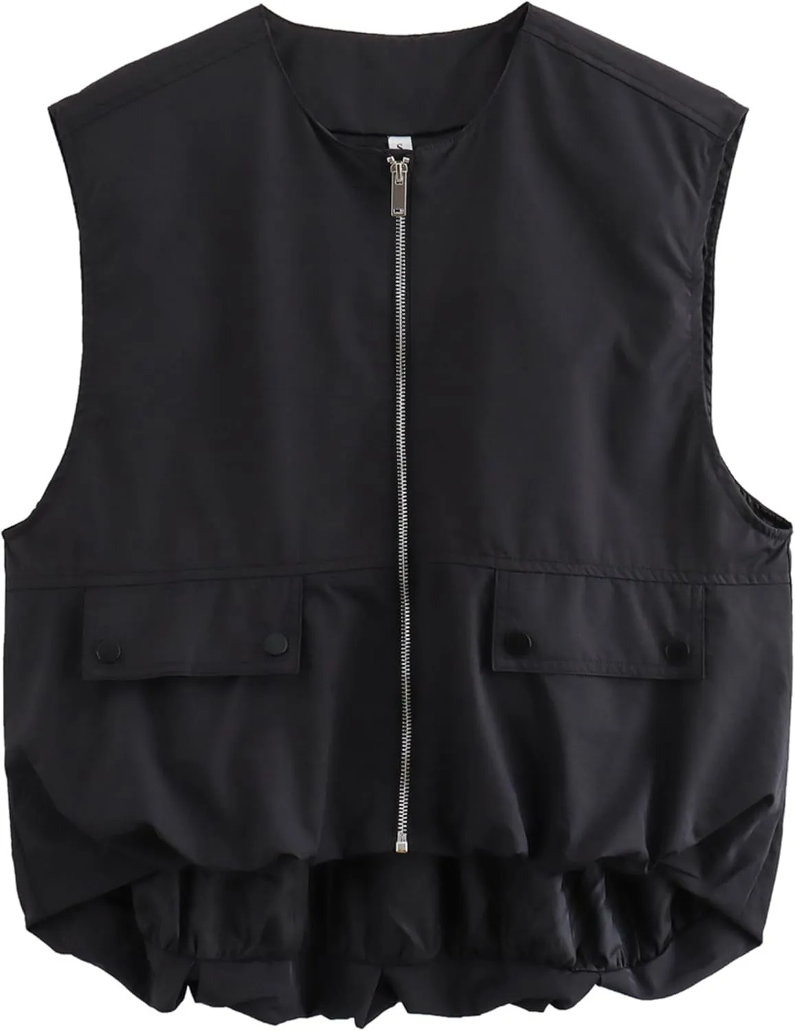 Women's Oversized Cargo Vest Casual Full Zip Up Ruched Hem Sleeveless Blazer Jackets Tops with Pockets