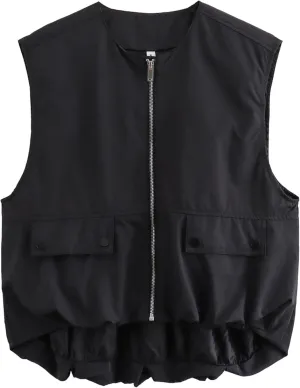 Women's Oversized Cargo Vest Casual Full Zip Up Ruched Hem Sleeveless Blazer Jackets Tops with Pockets