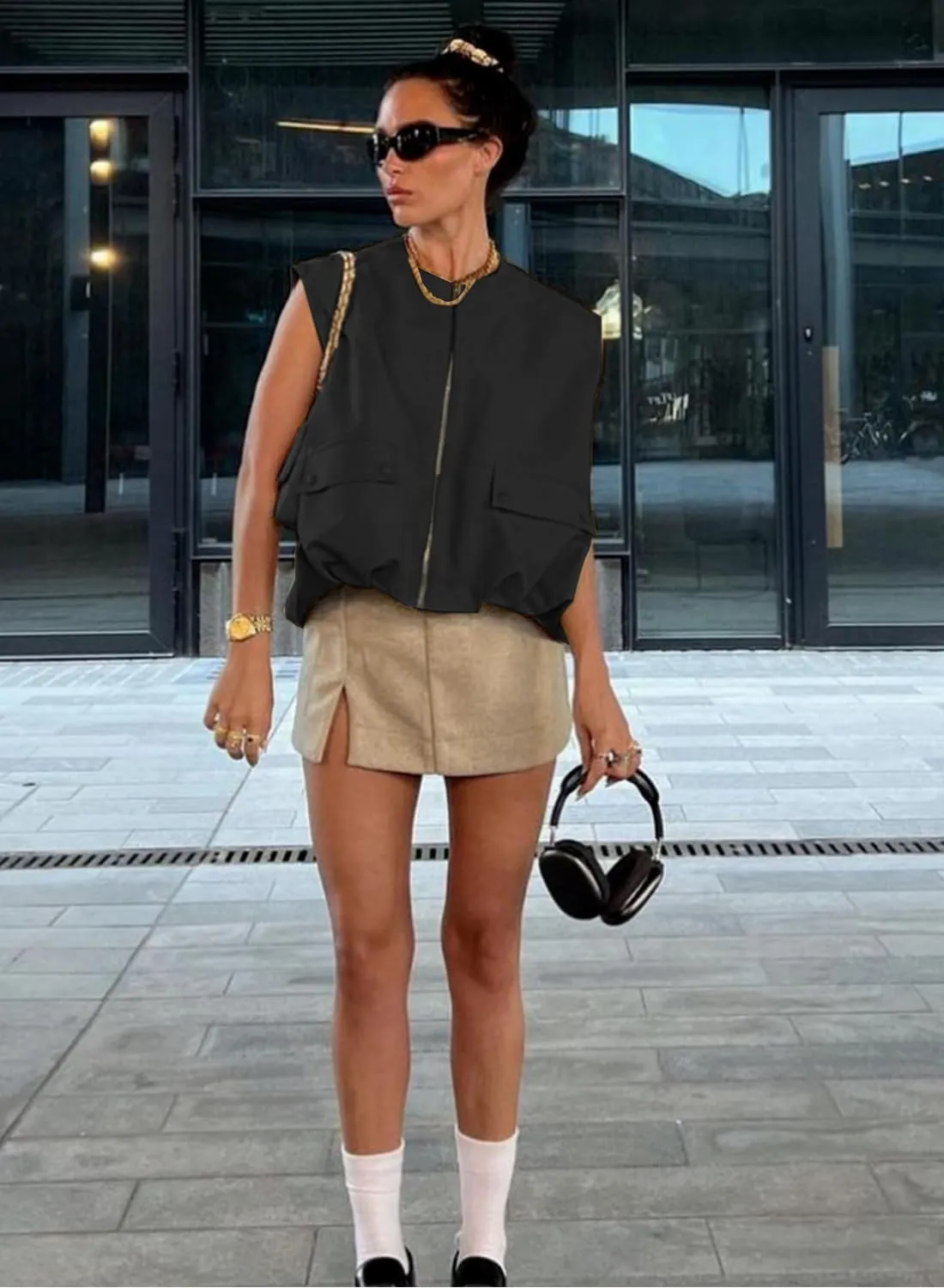 Women's Oversized Cargo Vest Casual Full Zip Up Ruched Hem Sleeveless Blazer Jackets Tops with Pockets