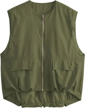 Women's Oversized Cargo Vest Casual Full Zip Up Ruched Hem Sleeveless Blazer Jackets Tops with Pockets