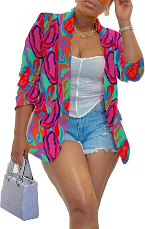 Women's Printed Blazer Jackets Long Sleeve Open Front Casual Multicolor Print Blazers Work Suits