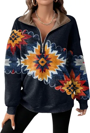 Womens Quarter Zip Pullover Oversized Sweatshirt Western Cowboy Aztec Print Long Sleeve Shirts Fall 2024 Outfits