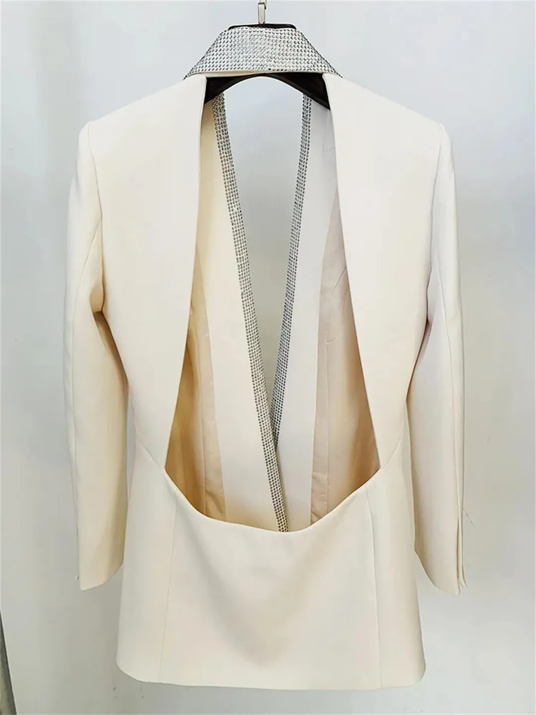 Women's Rhinestone Hollow Open Back Sexy Long Sleeve Long Suit Coat Blazer