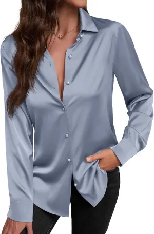 Women's Satin Button Down Shirts V-Neck Long Sleeve Tops Summer Business Office Silk Blouses Fashion Spring Shirt 2025