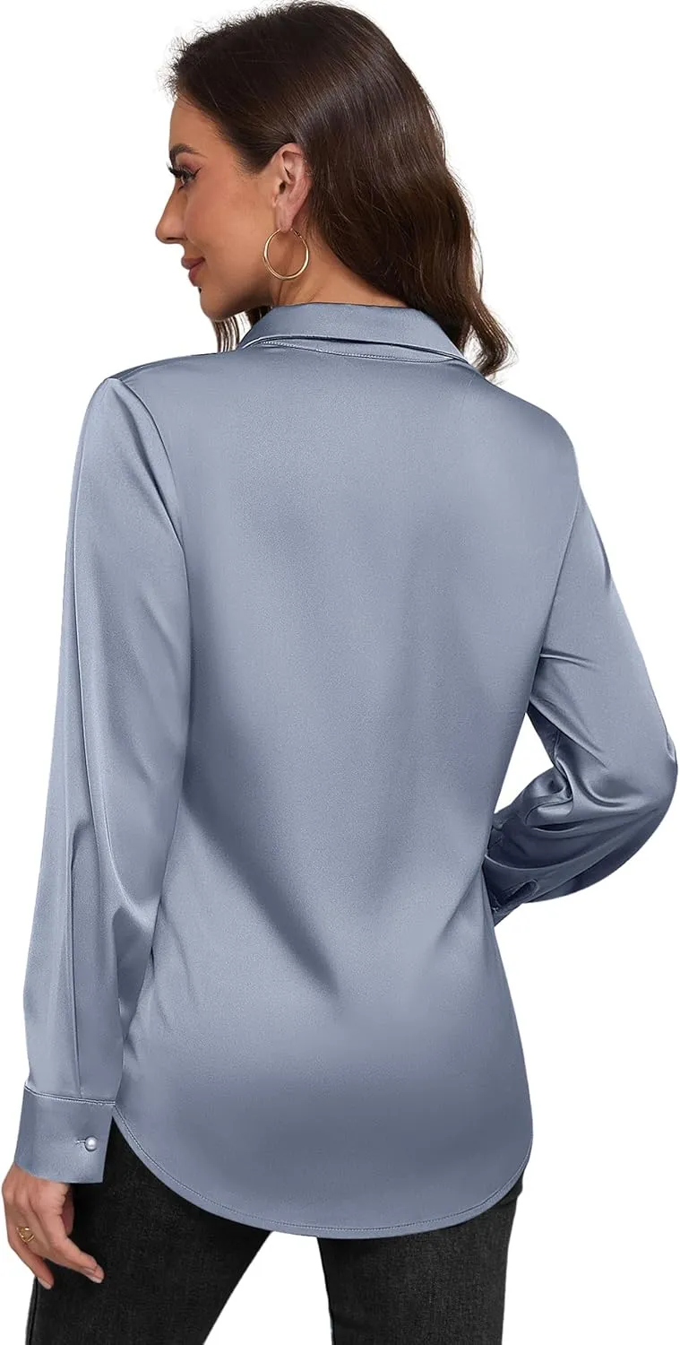 Women's Satin Button Down Shirts V-Neck Long Sleeve Tops Summer Business Office Silk Blouses Fashion Spring Shirt 2025