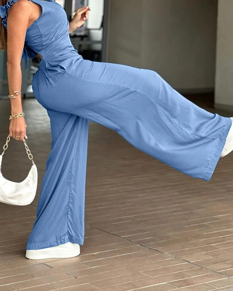Women's Scoop Neck Spaghetti Strap Overalls Frill Hem Back Lace Up Long Wide Leg with Pockets Casual Jumpsuit