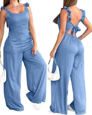 Women's Scoop Neck Spaghetti Strap Overalls Frill Hem Back Lace Up Long Wide Leg with Pockets Casual Jumpsuit