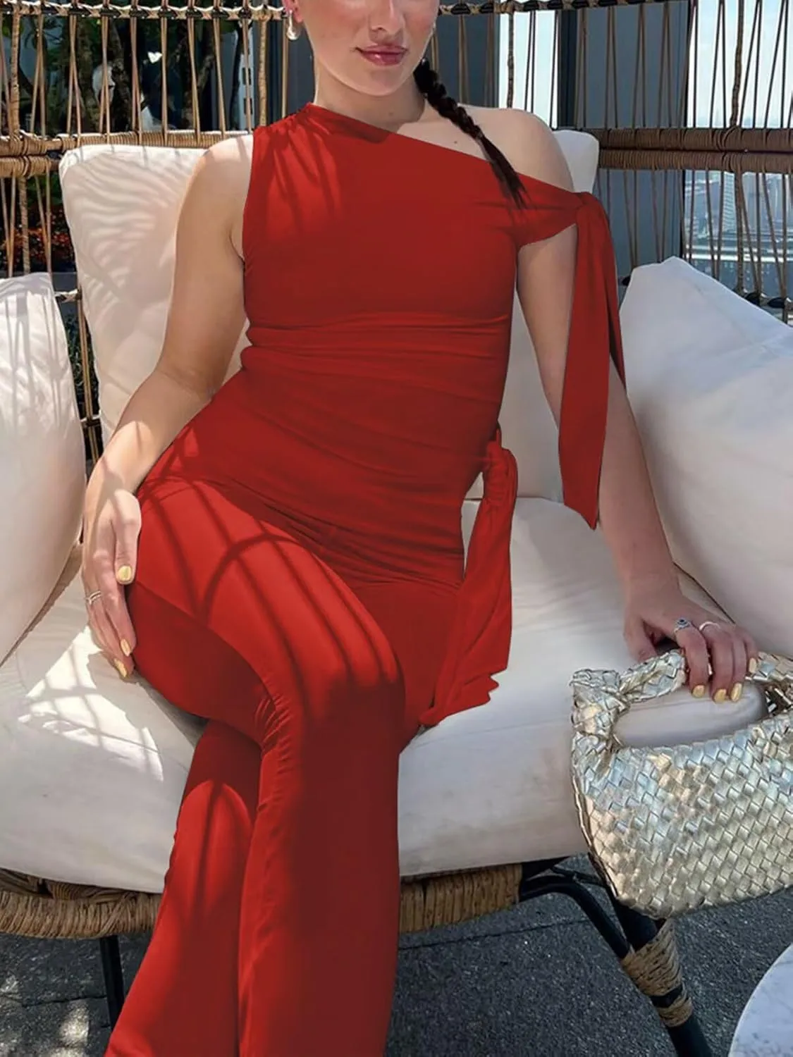 Women's Sexy One Off Shoulder Jumpsuits Sleeveless Bodycon Rompers One Piece Outfits
