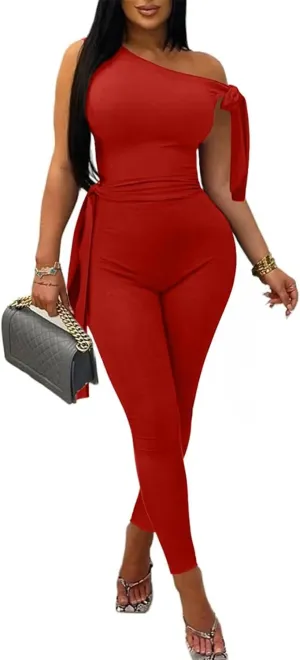 Women's Sexy One Off Shoulder Jumpsuits Sleeveless Bodycon Rompers One Piece Outfits