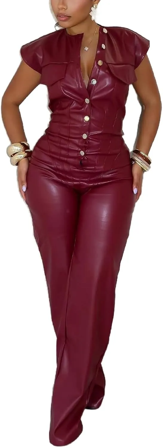 Womens Sexy PU Leather Jumpsuit Button Sleeveless Top Tight Waist Wide Leg Pants One Piece Jumpsuits