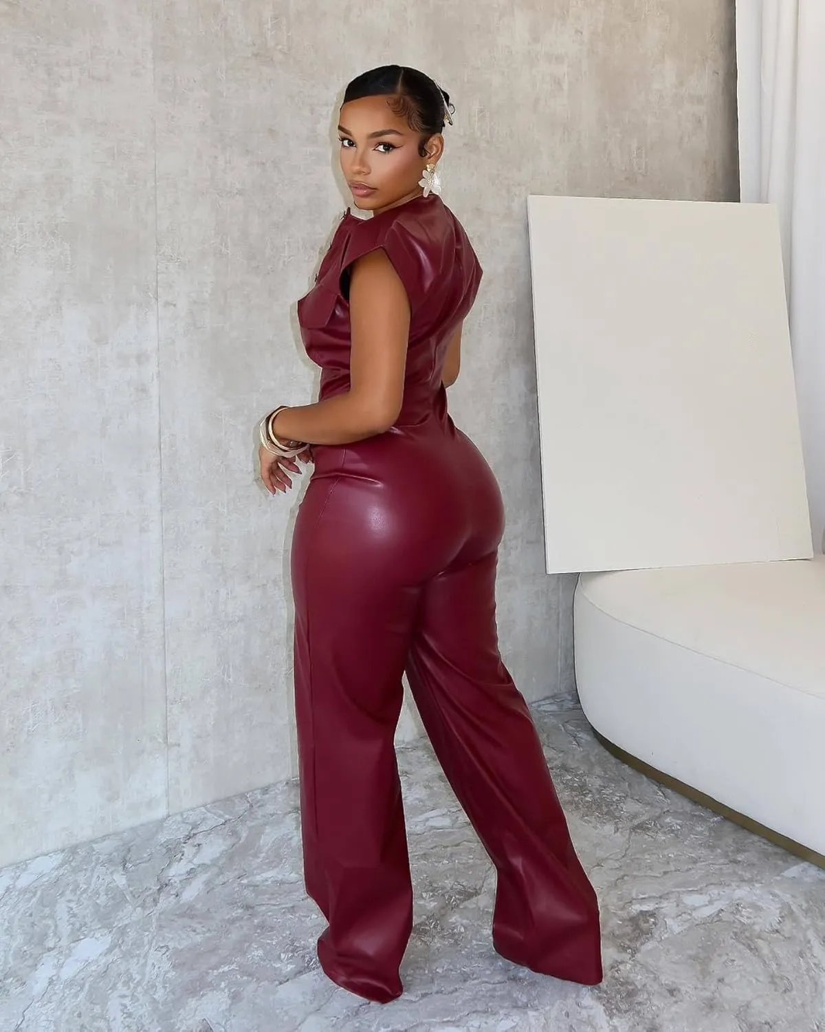 Womens Sexy PU Leather Jumpsuit Button Sleeveless Top Tight Waist Wide Leg Pants One Piece Jumpsuits