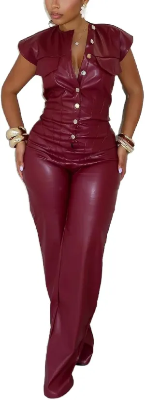 Womens Sexy PU Leather Jumpsuit Button Sleeveless Top Tight Waist Wide Leg Pants One Piece Jumpsuits
