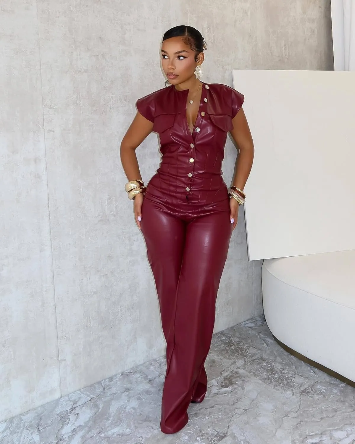 Womens Sexy PU Leather Jumpsuit Button Sleeveless Top Tight Waist Wide Leg Pants One Piece Jumpsuits