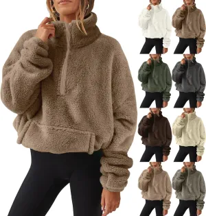 Womens Sherpa Half Zip Sweatshirts Oversized Pullover Long Sleeve Quarter Zip Up Hoodies Fuzzy Fleece Sweaters Fall Fashion Outfits 2023 Winter Clothes with Pockets