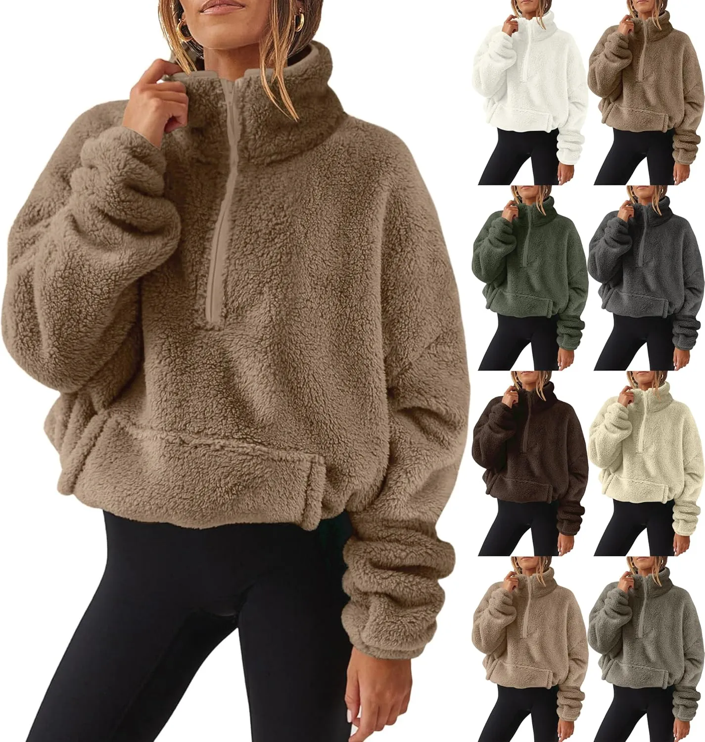 Womens Sherpa Half Zip Sweatshirts Oversized Pullover Long Sleeve Quarter Zip Up Hoodies Fuzzy Fleece Sweaters Fall Fashion Outfits 2023 Winter Clothes with Pockets