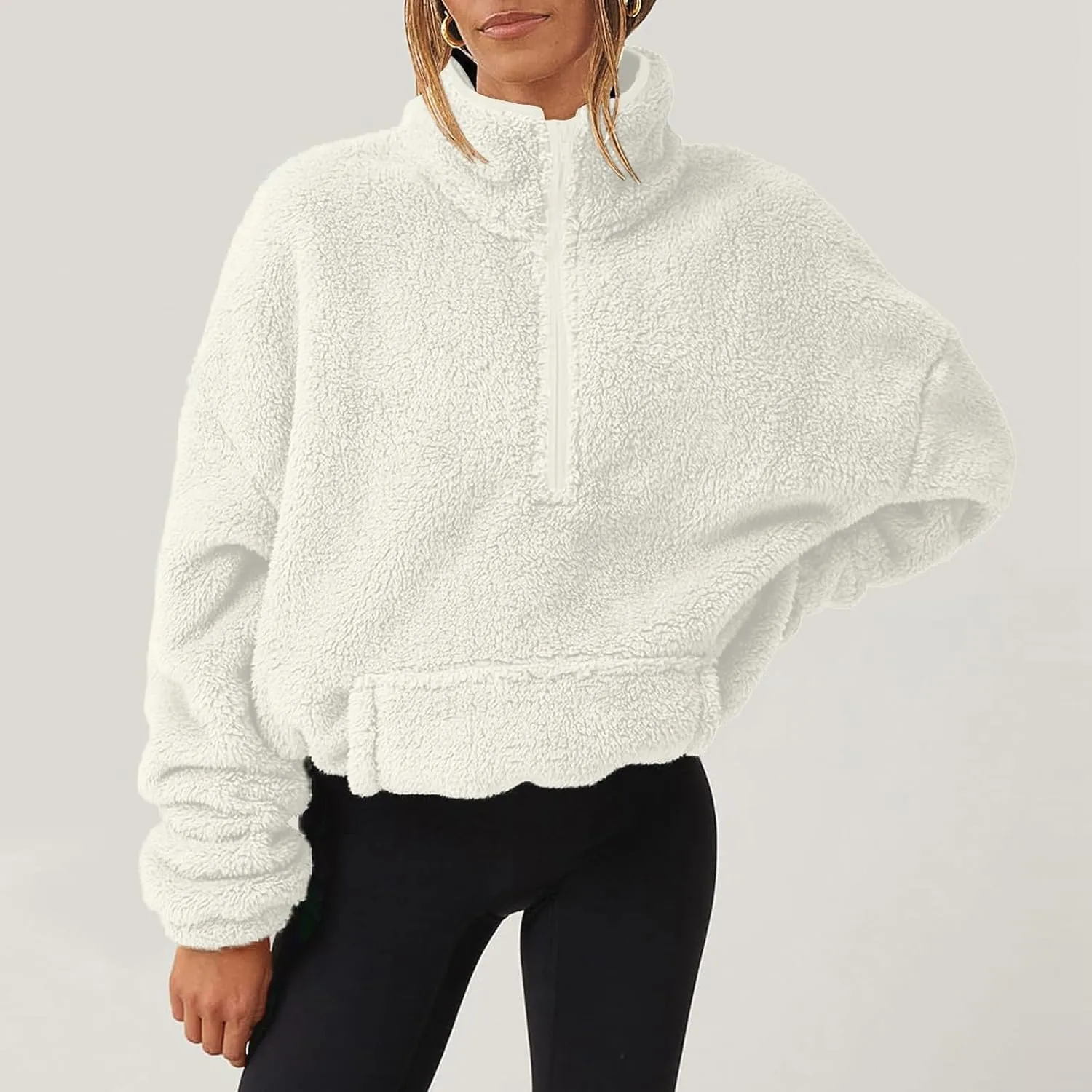 Womens Sherpa Half Zip Sweatshirts Oversized Pullover Long Sleeve Quarter Zip Up Hoodies Fuzzy Fleece Sweaters