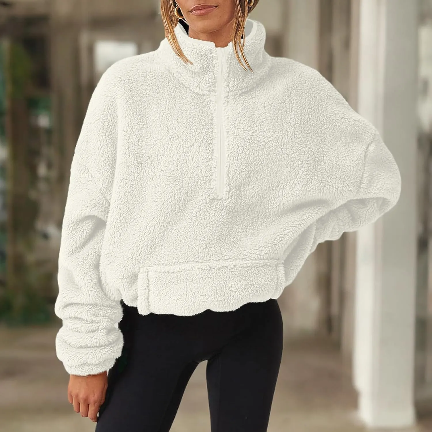 Womens Sherpa Half Zip Sweatshirts Oversized Pullover Long Sleeve Quarter Zip Up Hoodies Fuzzy Fleece Sweaters