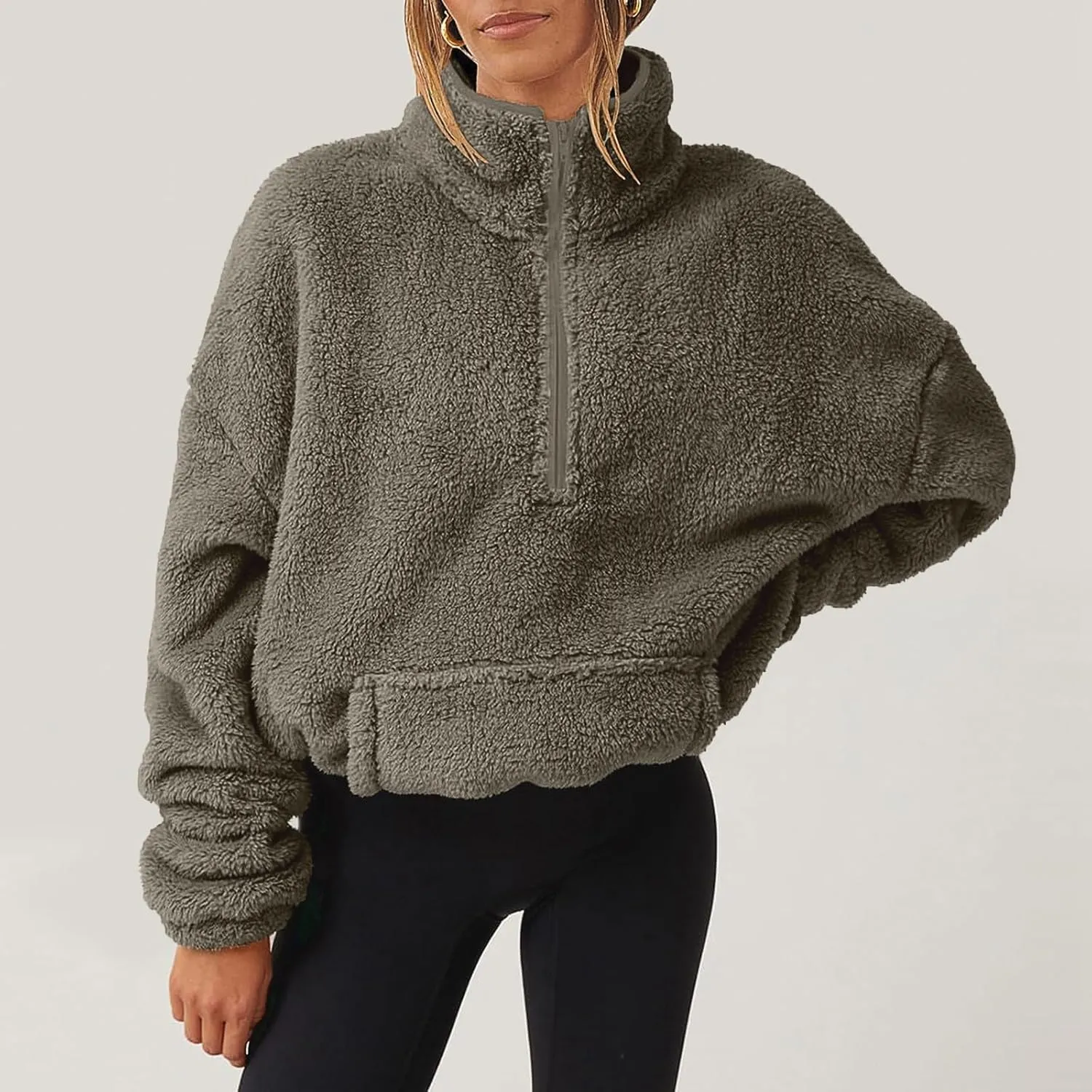 Womens Sherpa Half Zip Sweatshirts Oversized Pullover Long Sleeve Quarter Zip Up Hoodies Fuzzy Fleece Sweaters