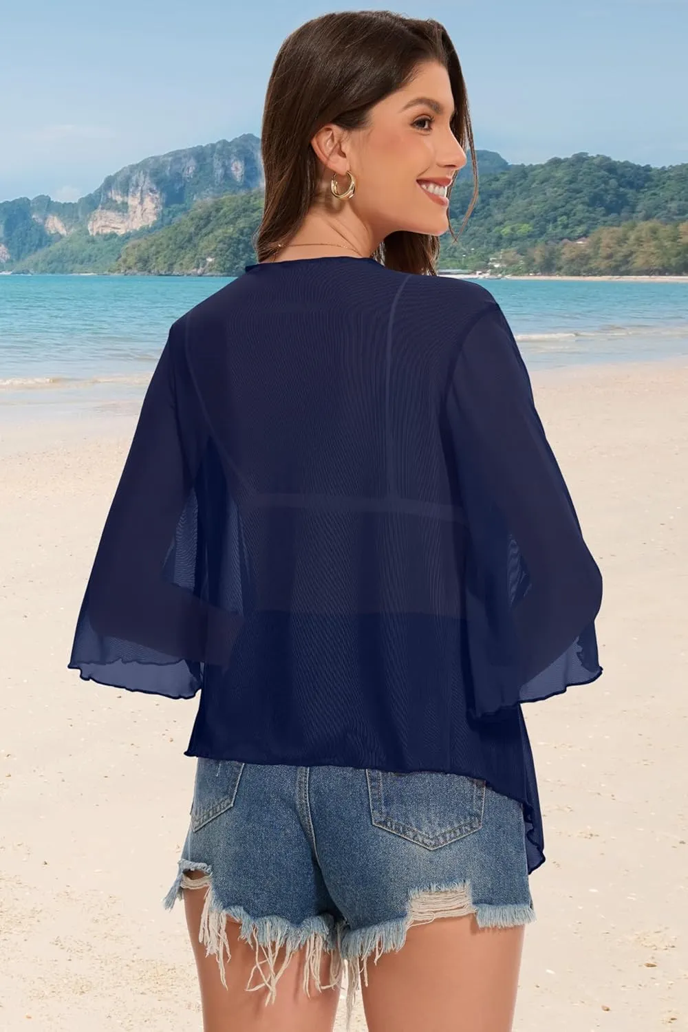 Women's Short Cardigan Bolero Shrug Sheer Tie Front Top 3/4 Sleeve Jacket for Dress