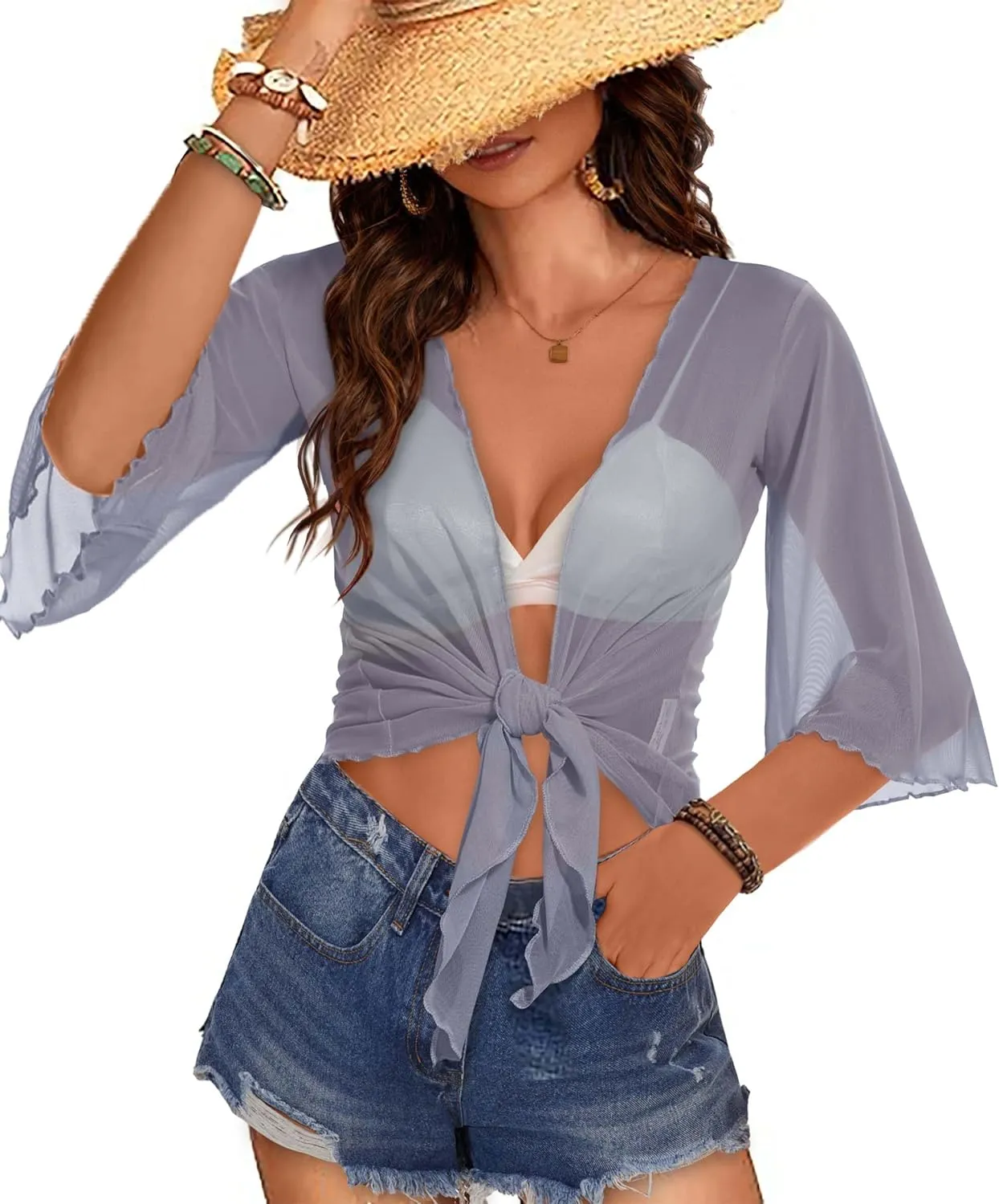 Women's Short Cardigan Bolero Shrug Sheer Tie Front Top 3/4 Sleeve Jacket for Dress