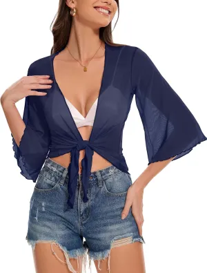 Women's Short Cardigan Bolero Shrug Sheer Tie Front Top 3/4 Sleeve Jacket for Dress