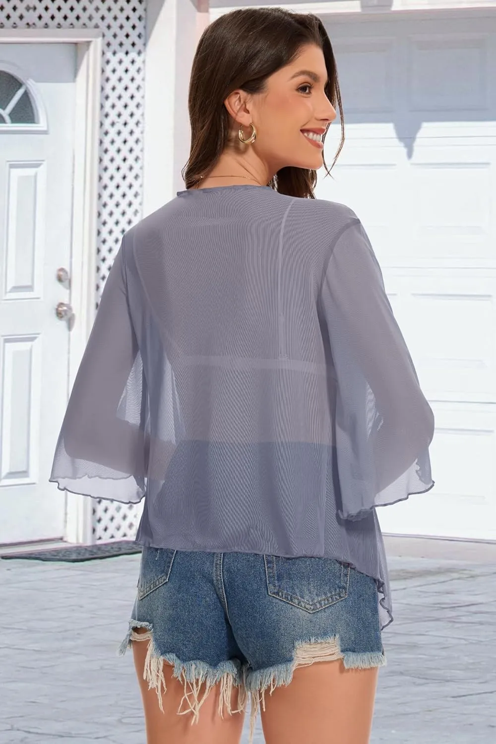 Women's Short Cardigan Bolero Shrug Sheer Tie Front Top 3/4 Sleeve Jacket for Dress