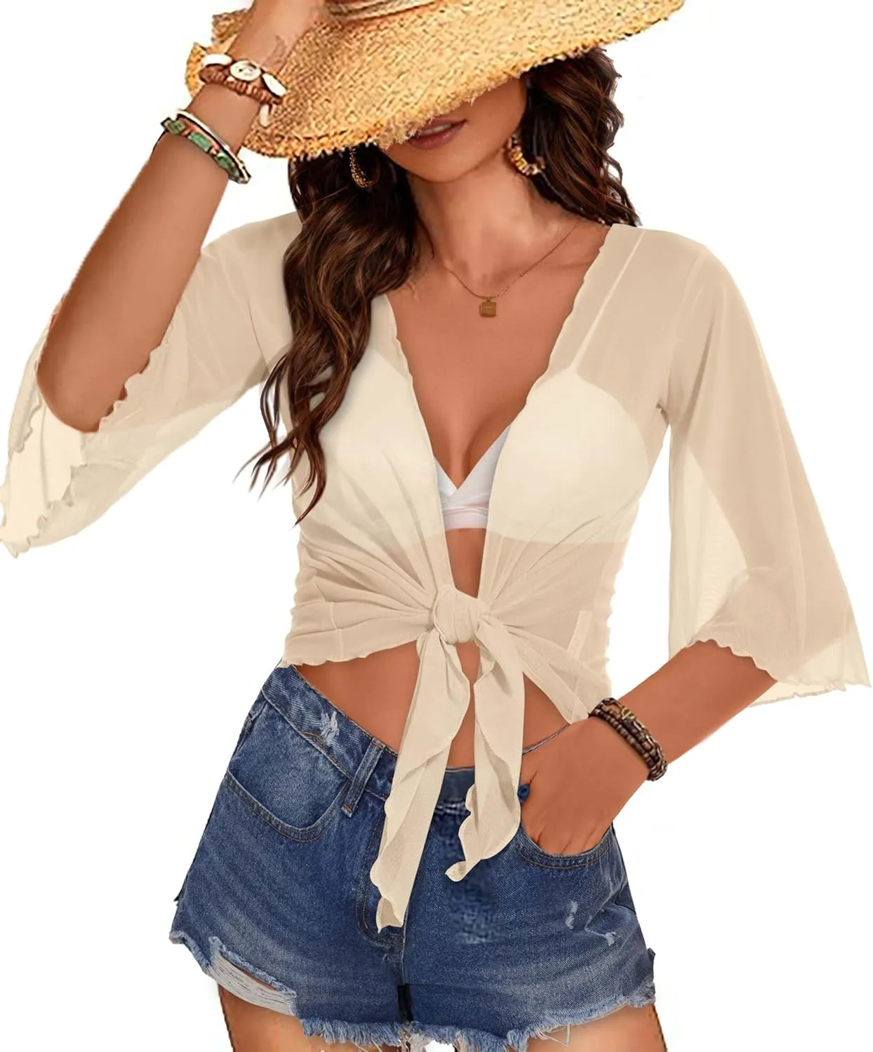 Women's Short Cardigan Bolero Shrug Sheer Tie Front Top 3/4 Sleeve Jacket for Dress