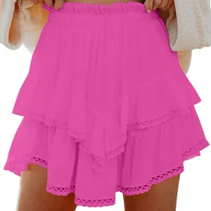 Women's Skirt Solid Color Mesh Layered Stylish Mini Shorts Elegant High Waisted Casual Skirt with Sheer Overlay
